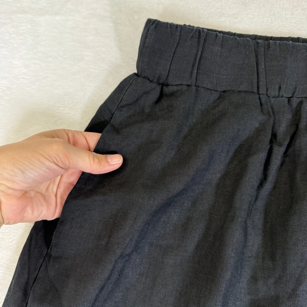 Quince 100% European Linen Maxi Skirt Black Side Slit Pockets Small MIVN004